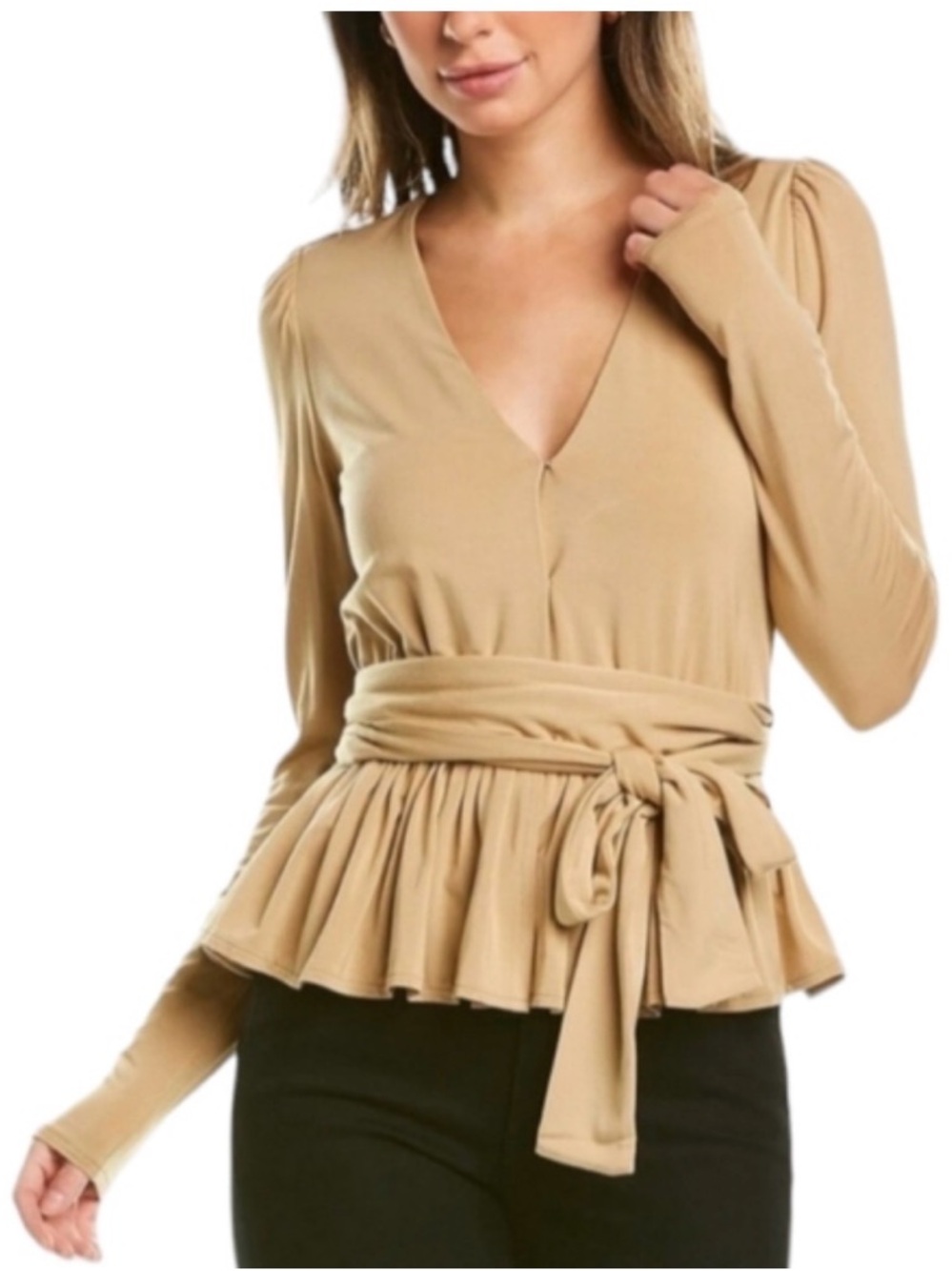 NWT Rebecca Taylor V-Neck Modal Peplum Top - Tan - Sz Medium